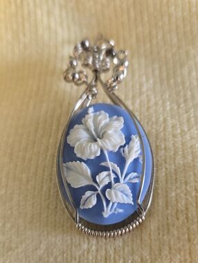 Blue and White Floral Hibiscus Cameo Pendant
